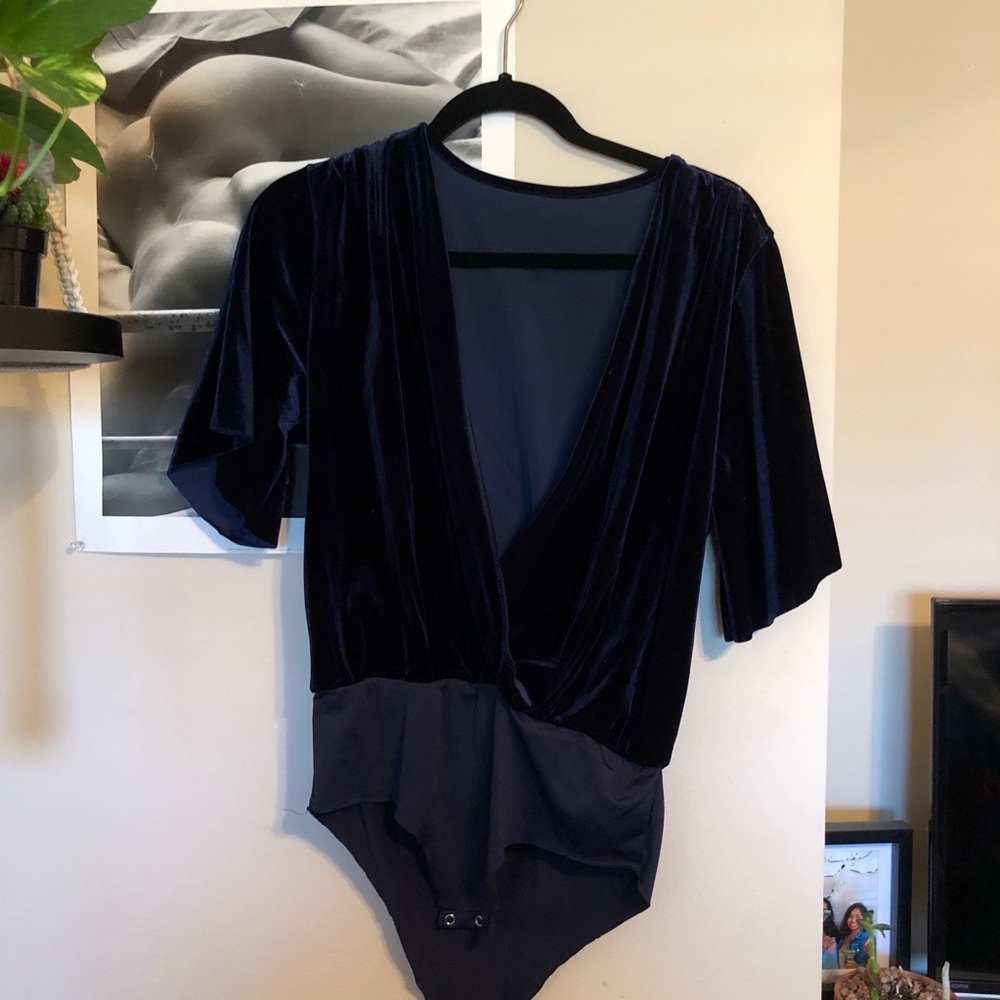 Dark navy suede deep V bodysuit